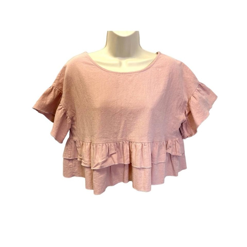 HYFVE Pink Ruffle Tiered Peplum Top Short Sleeve Women's Size M
